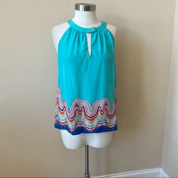 Lilly Pulitzer Rogan silk patterned halter top rainbow colorful aqua 5117 - Picture 3 of 12